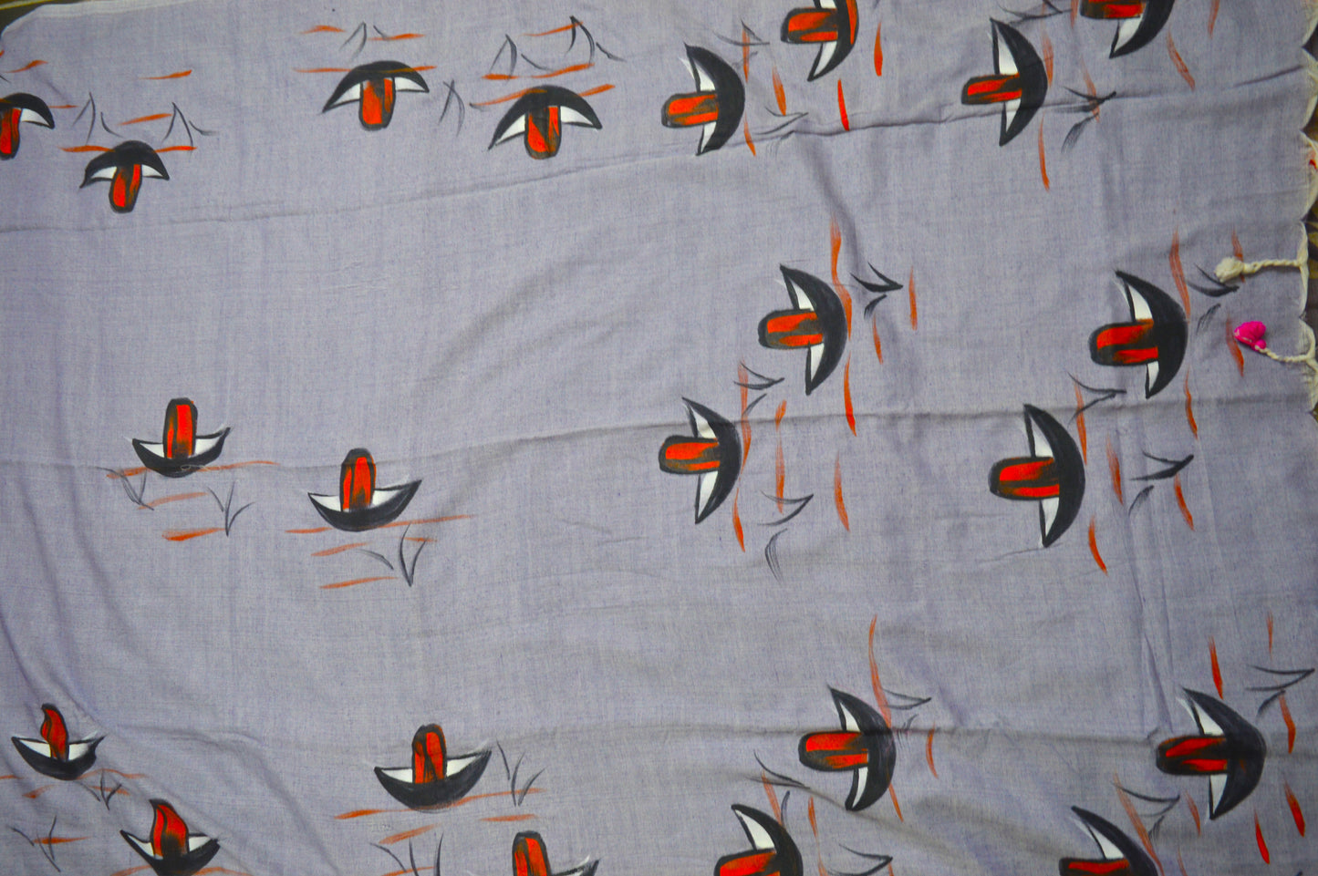 Hand Painted Nauko (Boat) design Mul-Cotton Saree (Violet Blue)