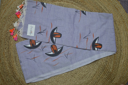 Hand Painted Nauko (Boat) design Mul-Cotton Saree (Violet Blue)