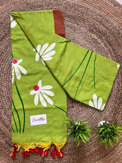 Hand Painted Mul-Cotton Saree (Green)