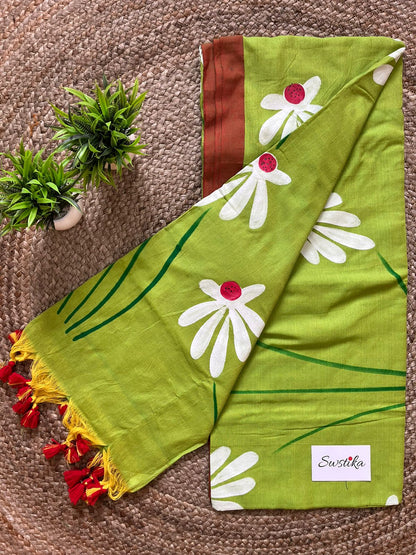 Hand Painted Mul-Cotton Saree (Green)