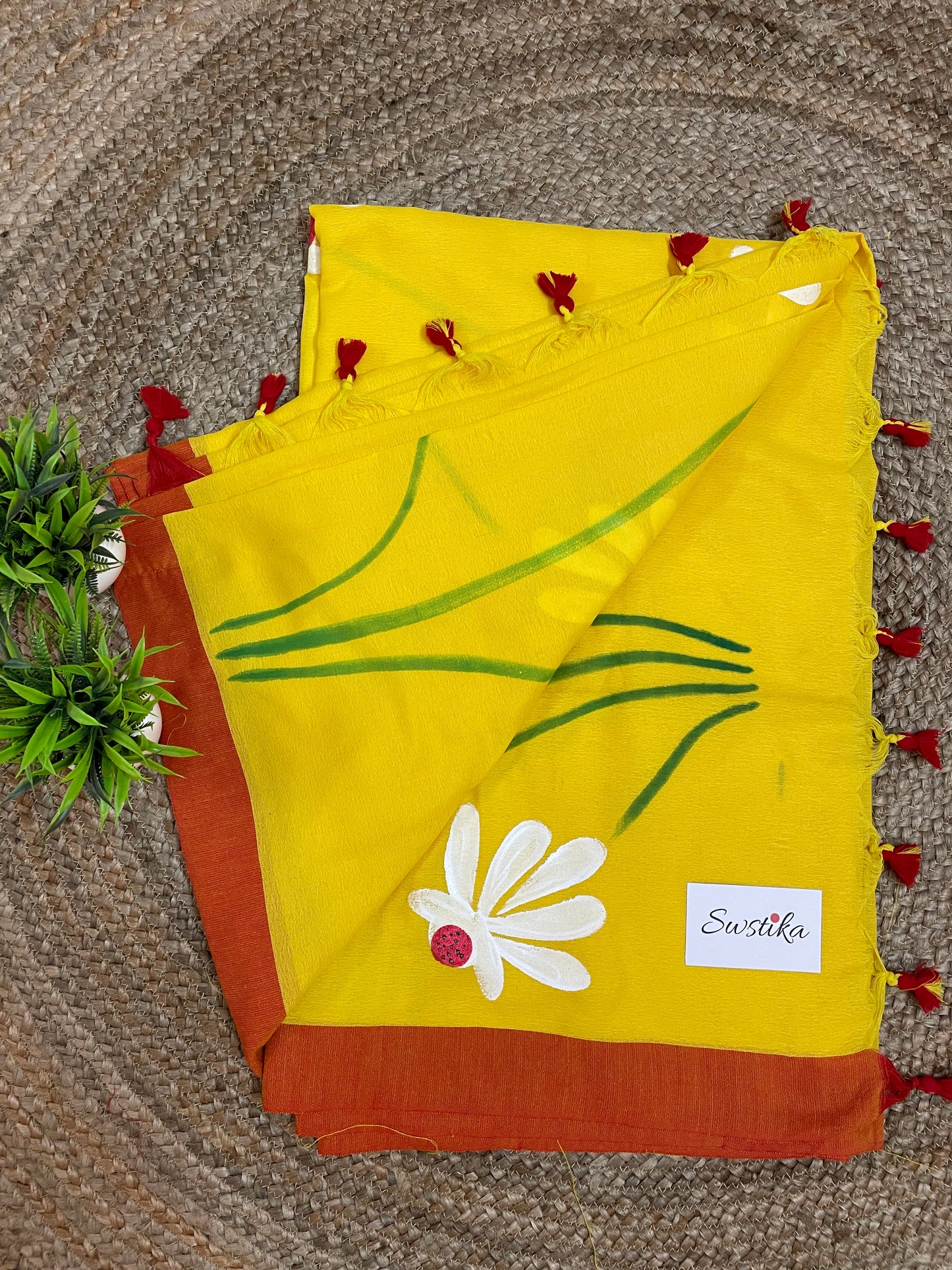 Hand Painted Mul-Cotton Saree (Yellow)