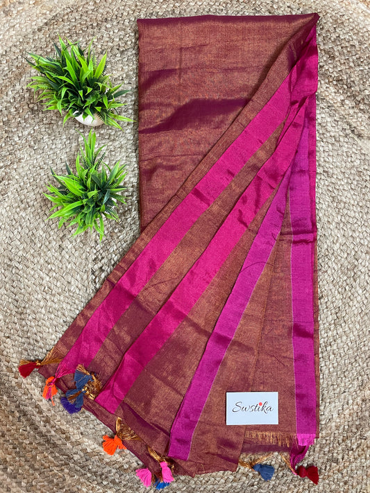 Brown Golden Linen Zari Saree with unstitched blouse piece