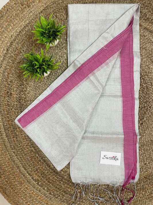 White Silver Linen Zari Saree with unstitched blouse piece