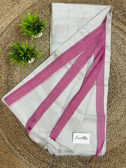 White Silver Linen Zari Saree with unstitched blouse piece