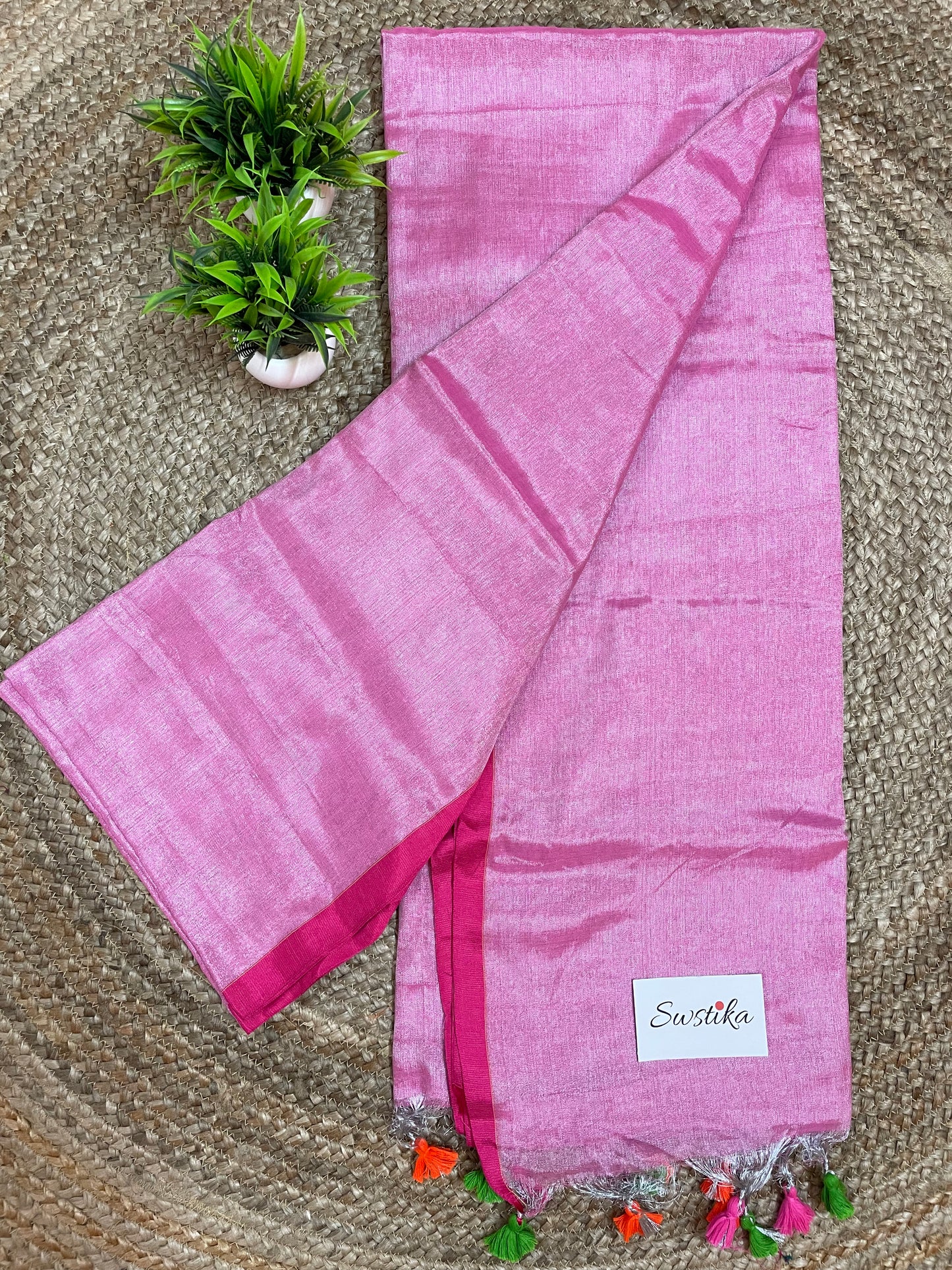 Pink Silver Linen Zari Saree with unstitched blouse piece