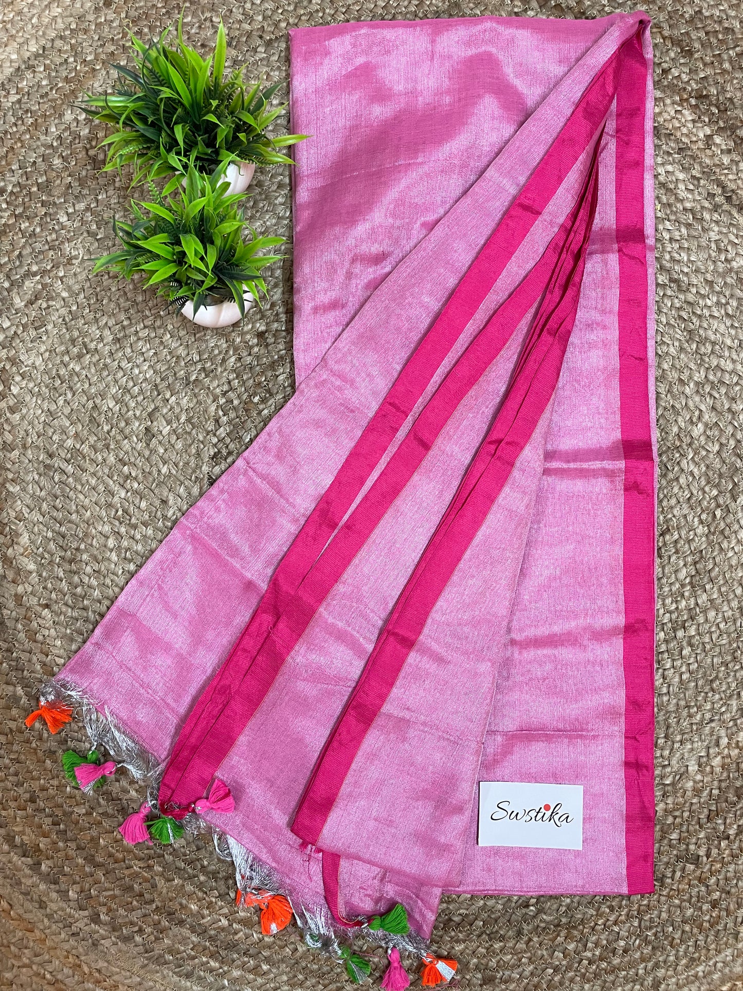 Pink Silver Linen Zari Saree with unstitched blouse piece