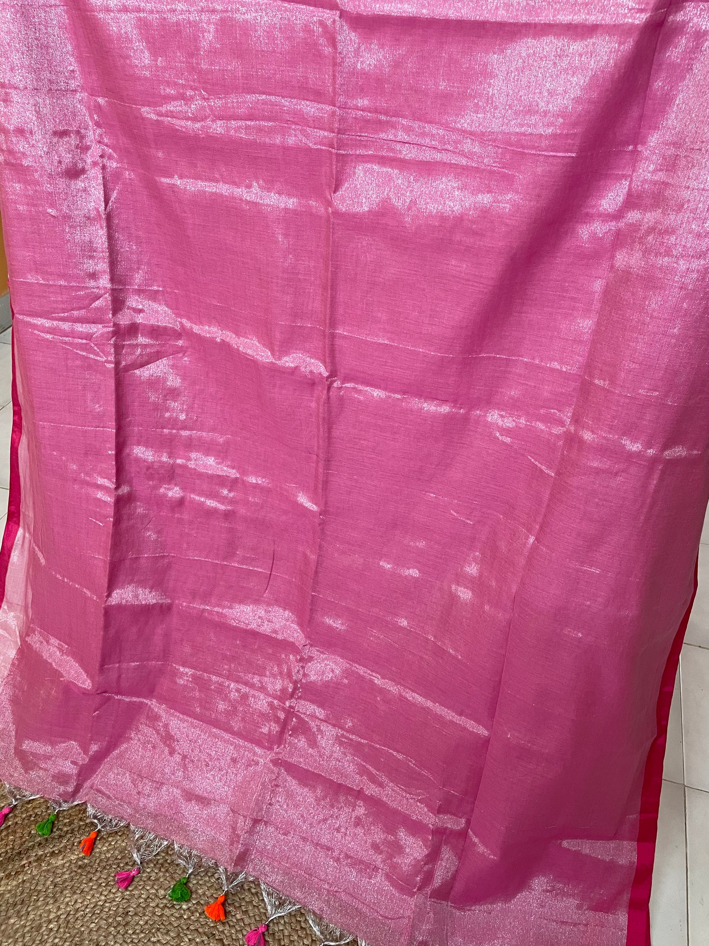 Pink Silver Linen Zari Saree with unstitched blouse piece