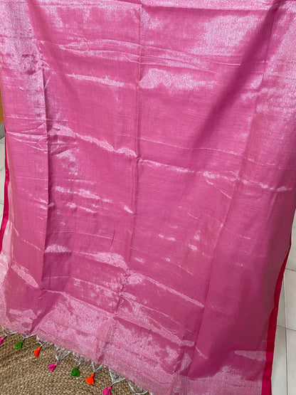 Pink Silver Linen Zari Saree with unstitched blouse piece