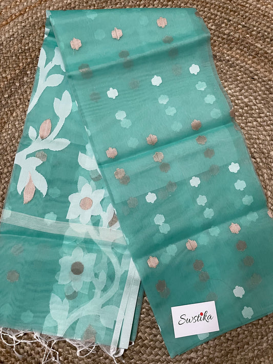 Sea Green Resham Silk Muslin Handloom Jamdani Saree with unstitched Blouse