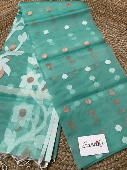 Sea Green Resham Silk Muslin Handloom Jamdani Saree with unstitched Blouse