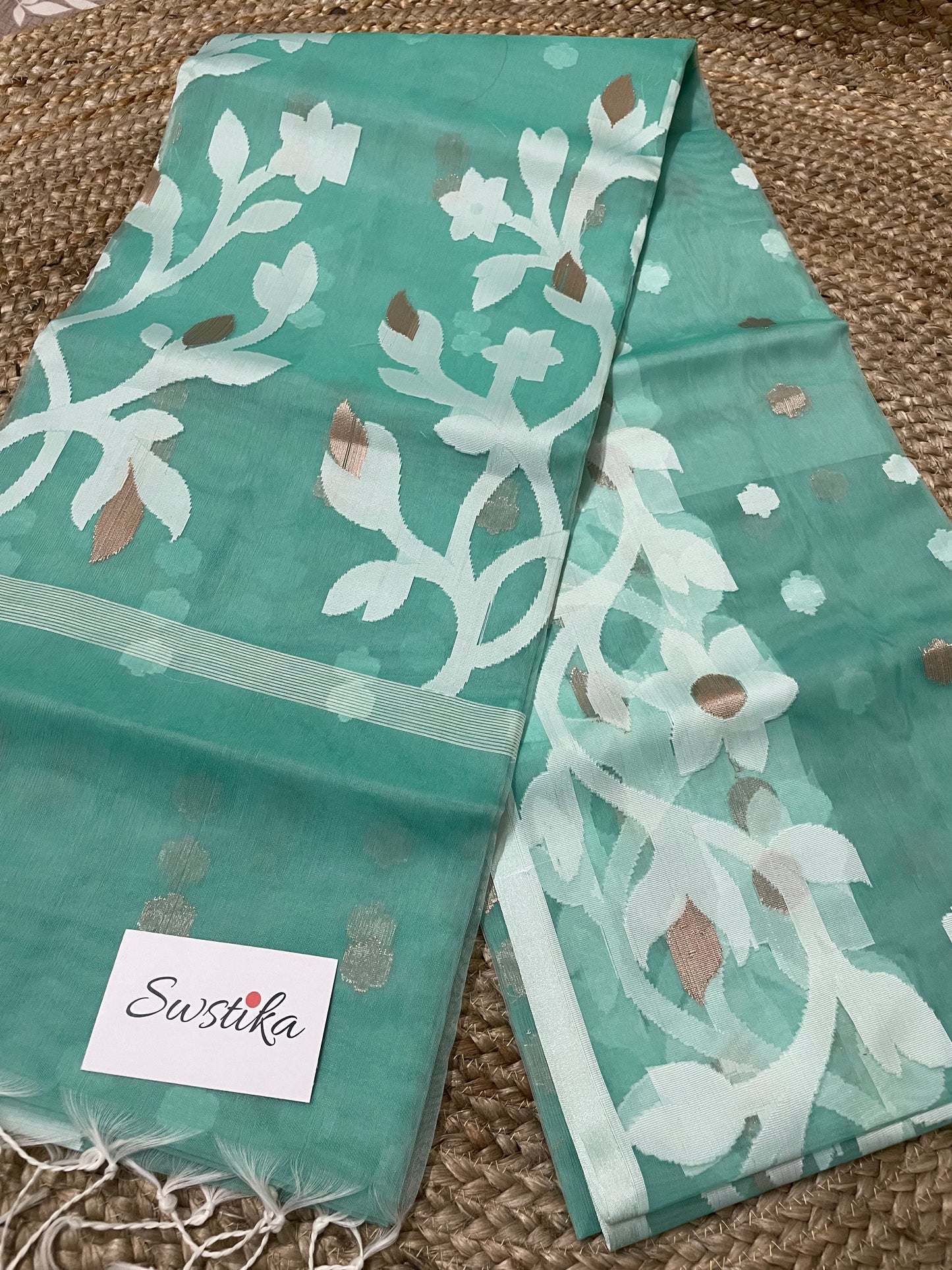 Sea Green Resham Silk Muslin Handloom Jamdani Saree with unstitched Blouse