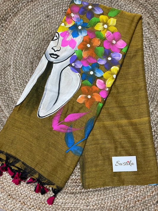 Hand Painted Doll design Mul-Cotton Saree (Mustard Dark Gold)