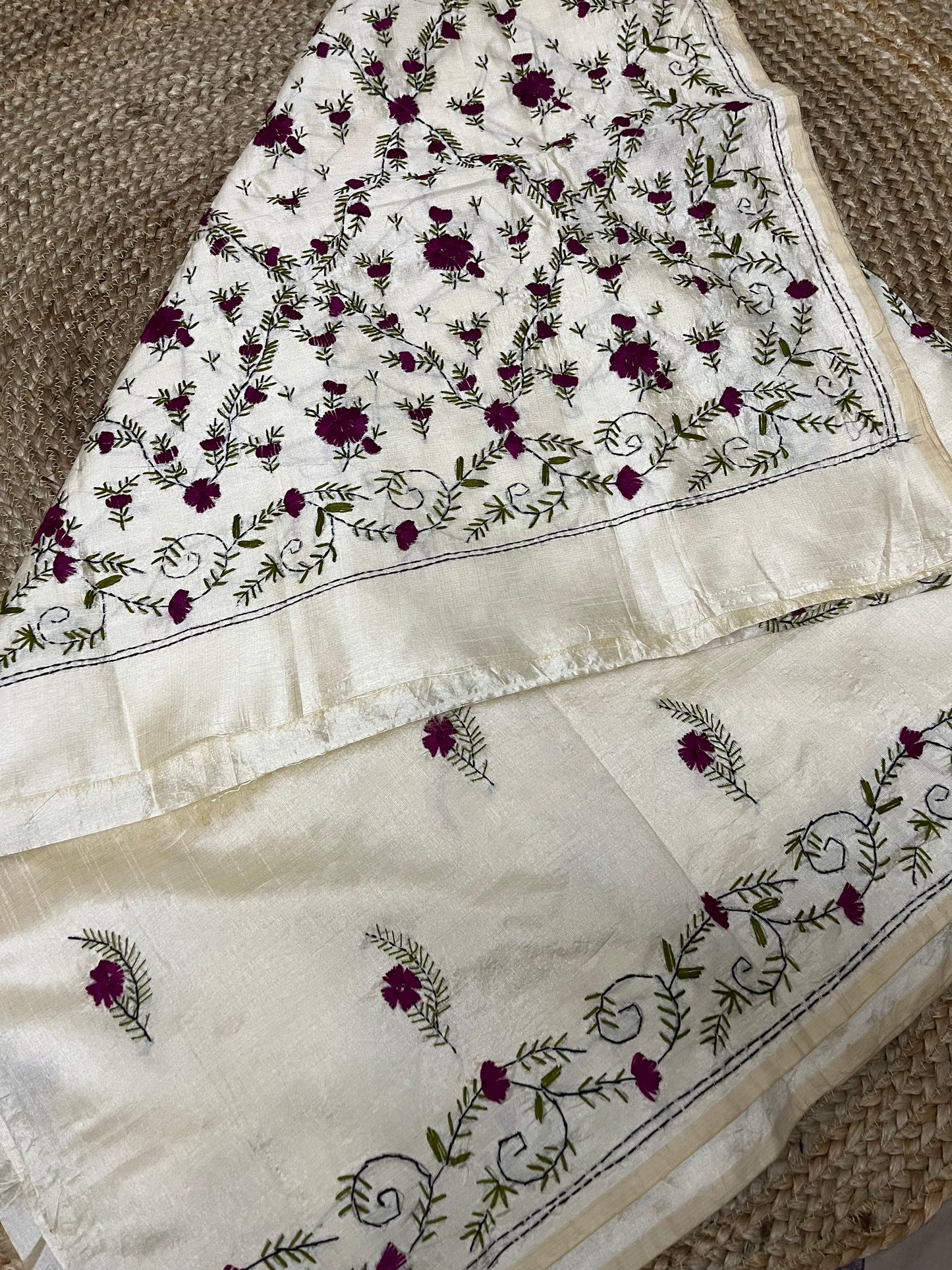 Parsi Gara Work on Semi Tussar Silk Saree (Off White)