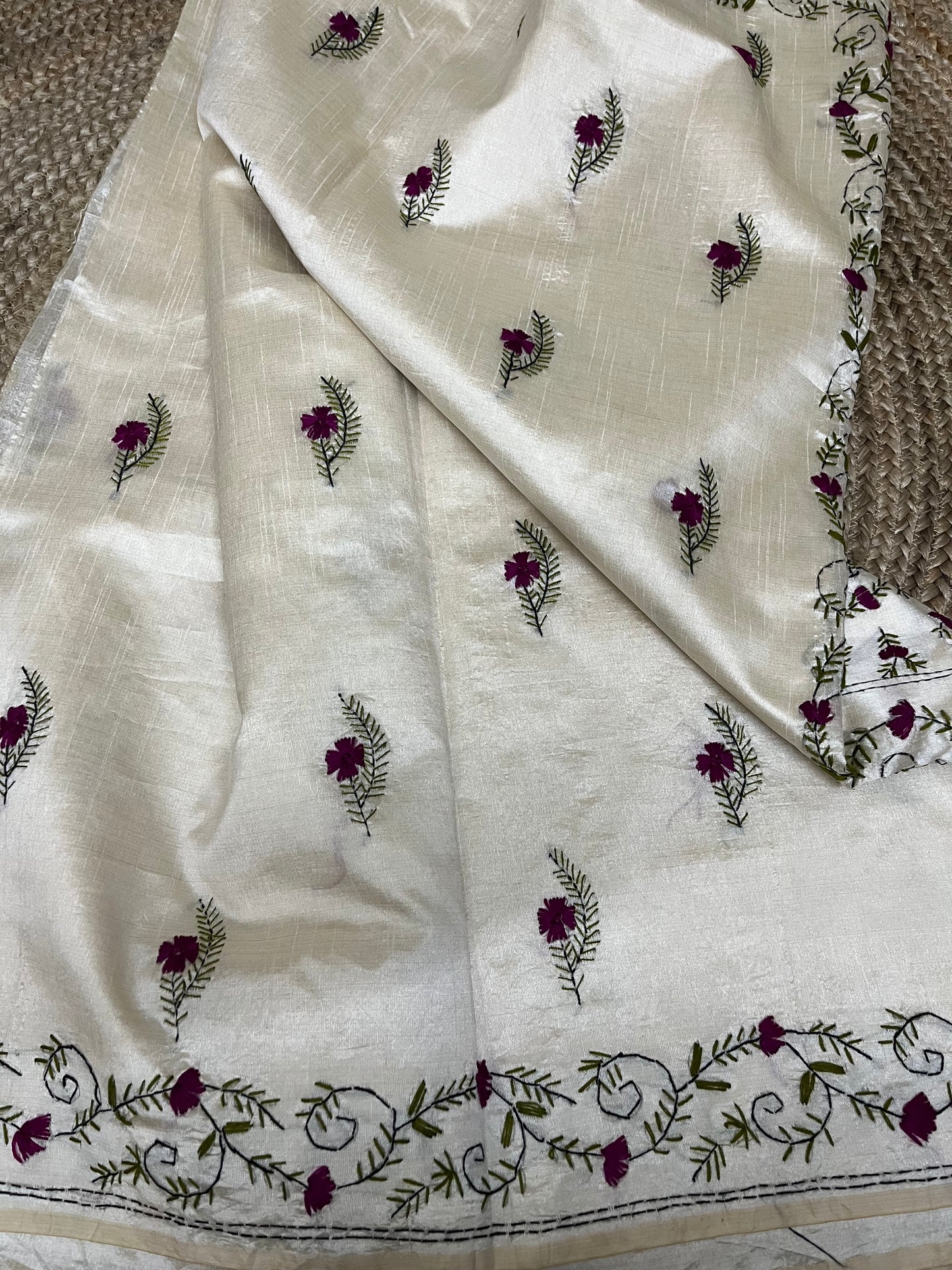 Parsi Gara Work on Semi Tussar Silk Saree (Off White)