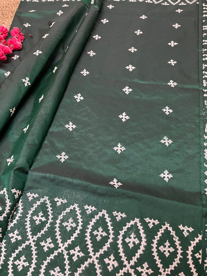 Gujarati Stitch on Blended Bangalore Silk (Bottle Green)