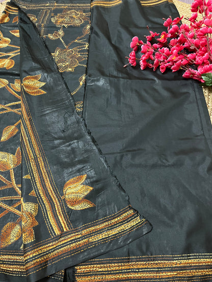 Kantha Stitch Floral Motif Saree (Black) on Blended Bangalore Silk