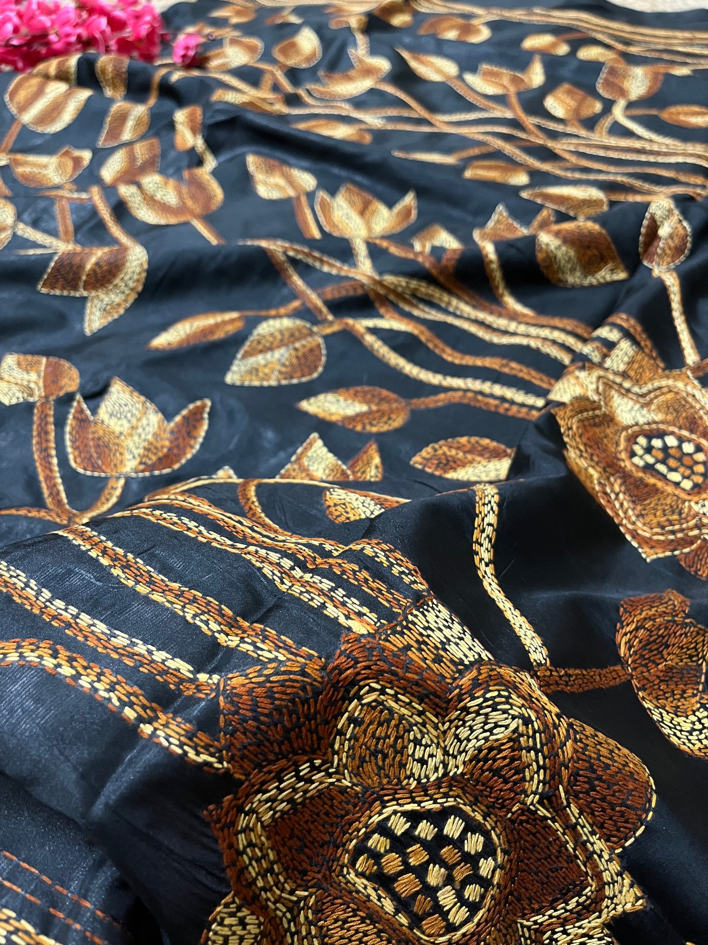 Kantha Stitch Floral Motif Saree (Black) on Blended Bangalore Silk