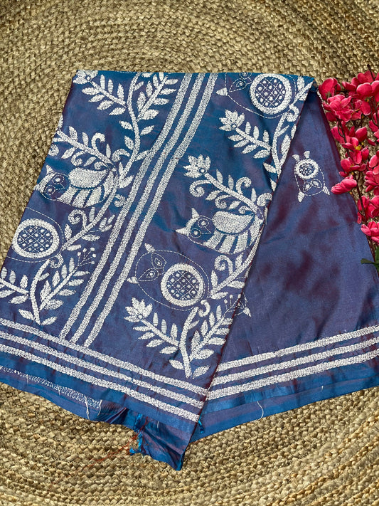 Kantha Stitch Owl Motif Dual tone Saree (Blue) on Blended Bangalore Silk