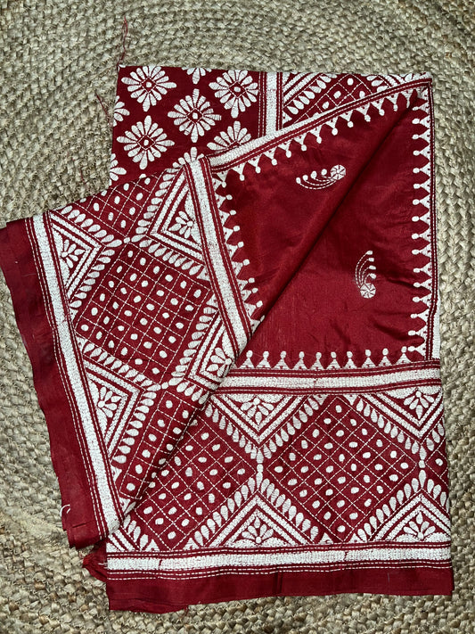 Kantha & Gujarati Stitch Fusion work saree (Maroon red) on Blended Bangalore Silk