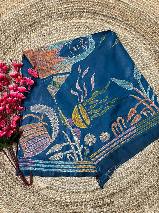 Kantha Stitch Human Motif Saree (Peacock Blue) on Blended Bangalore Silk