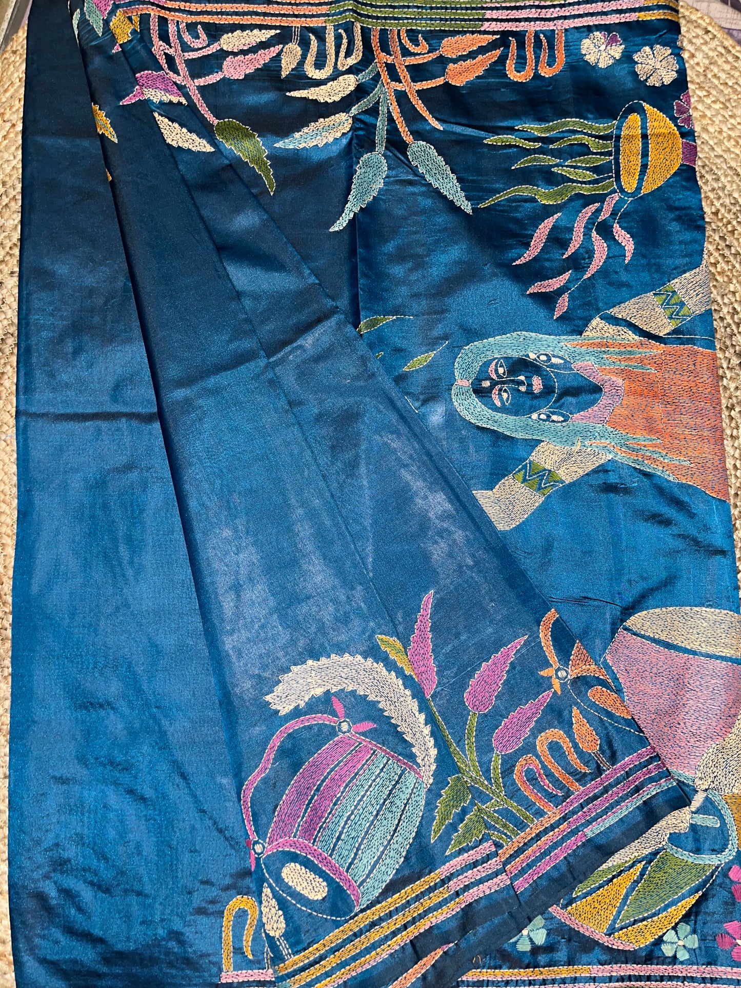 Kantha Stitch Human Motif Saree (Peacock Blue) on Blended Bangalore Silk