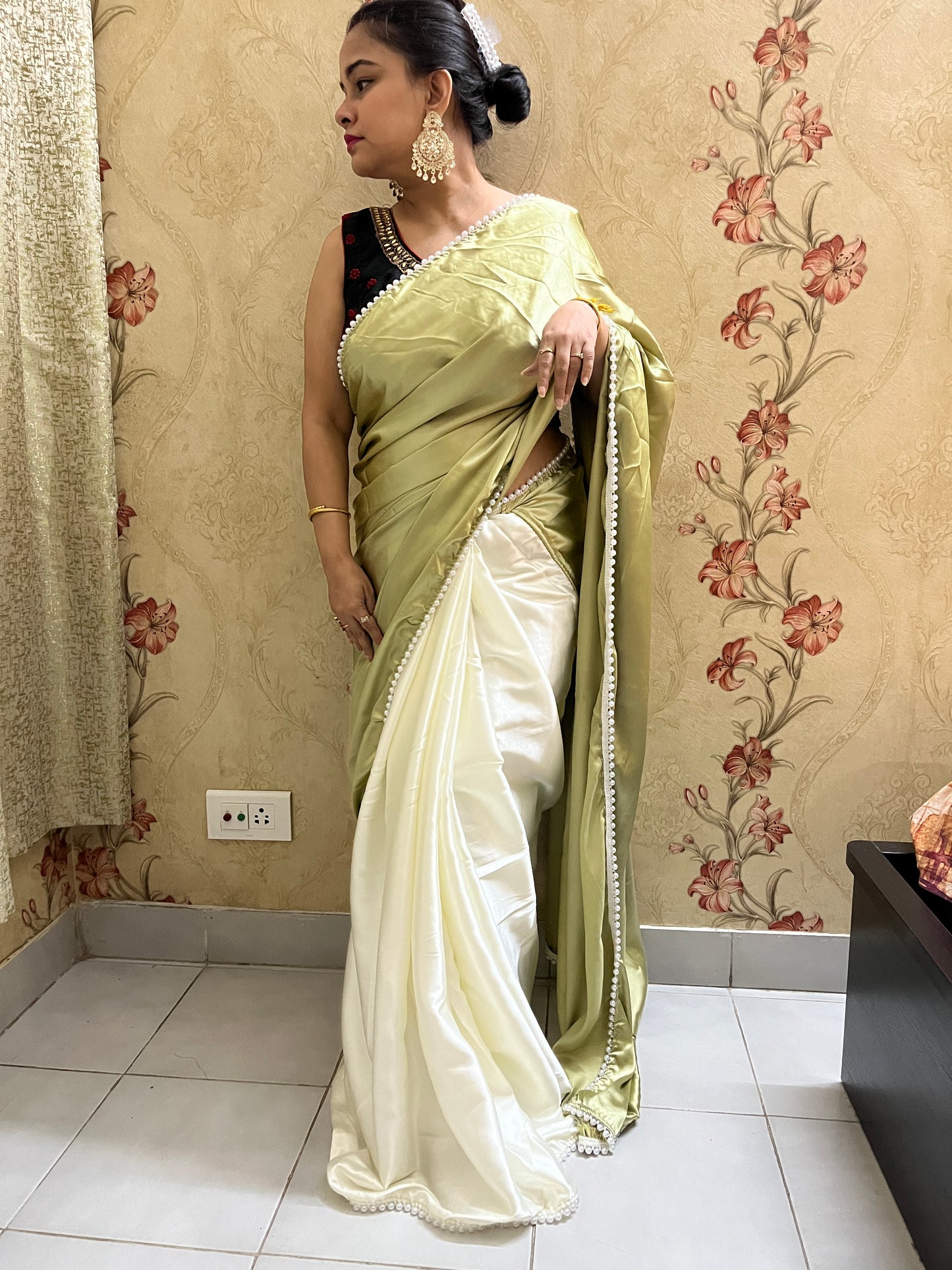 Pearl Satin Silk Saree (Sage Green)