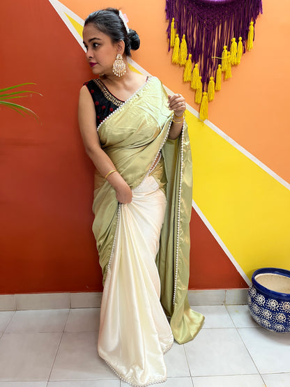 Pearl Satin Silk Saree (Sage Green)