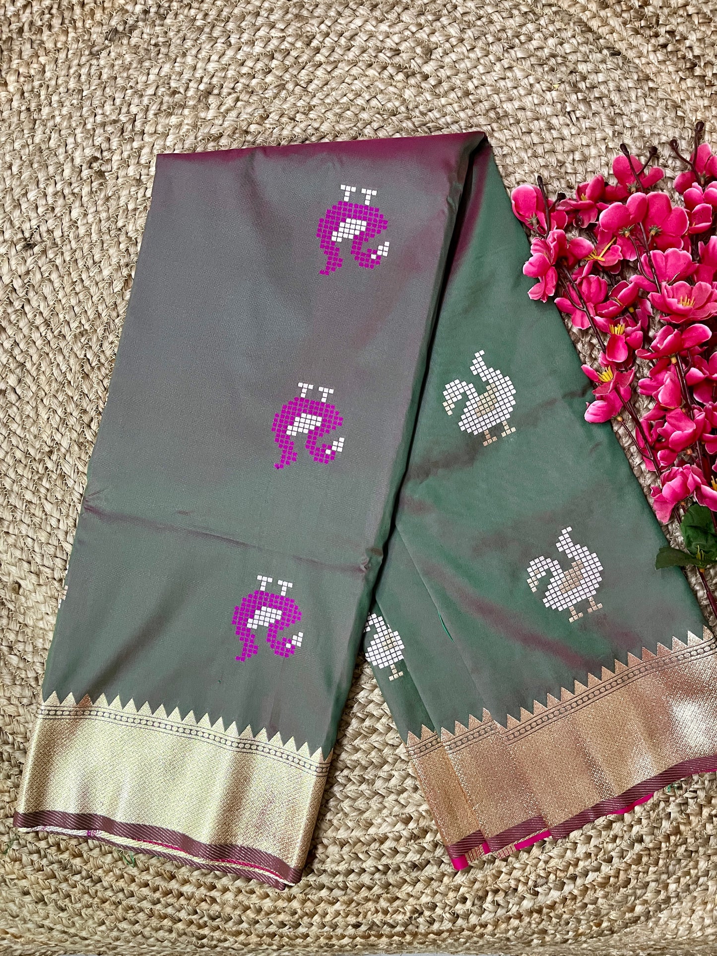 Semi Katan Kalakshetra Silk Saree Peacock Design (Bottle Green)