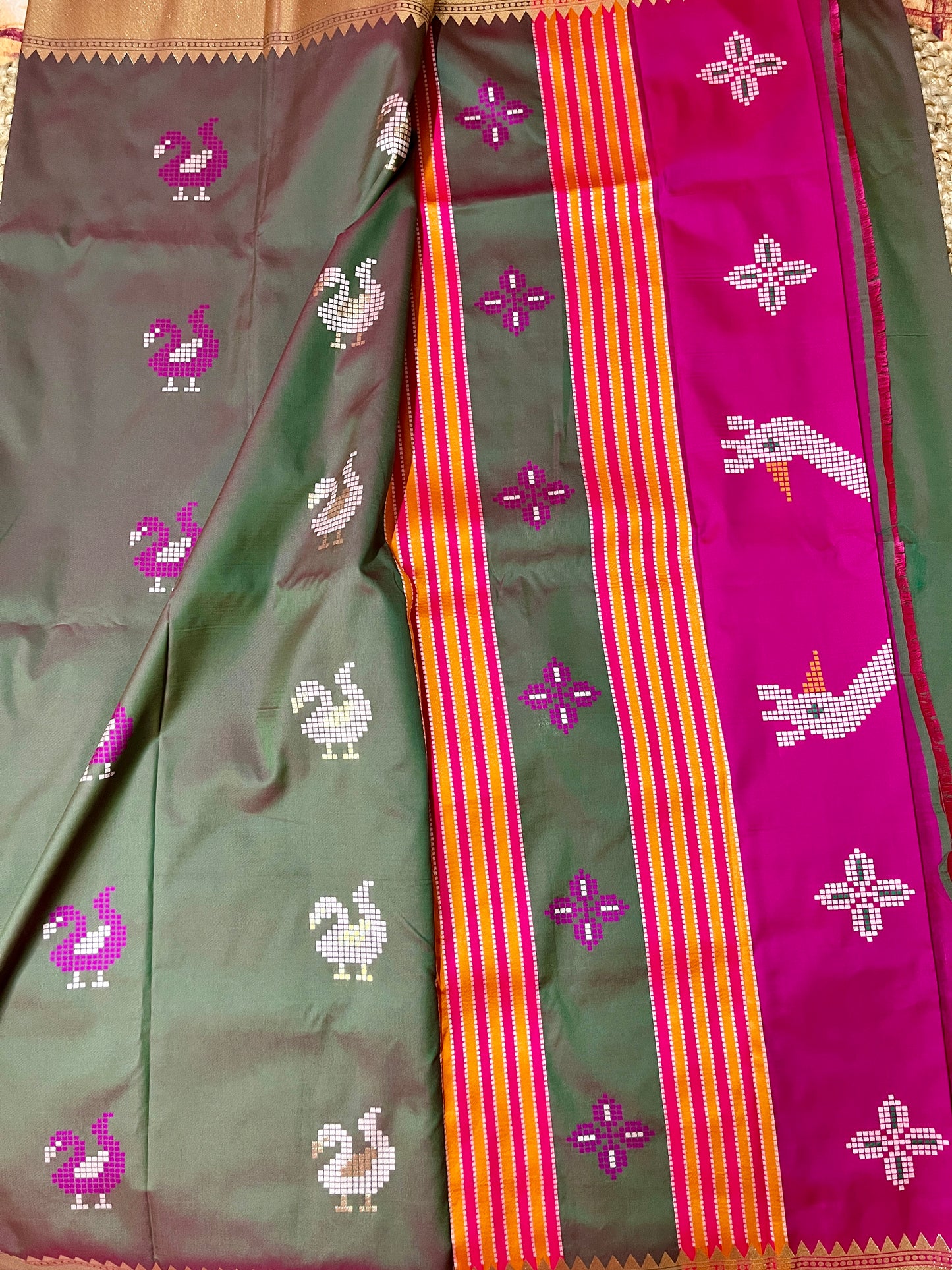 Semi Katan Kalakshetra Silk Saree Peacock Design (Bottle Green)