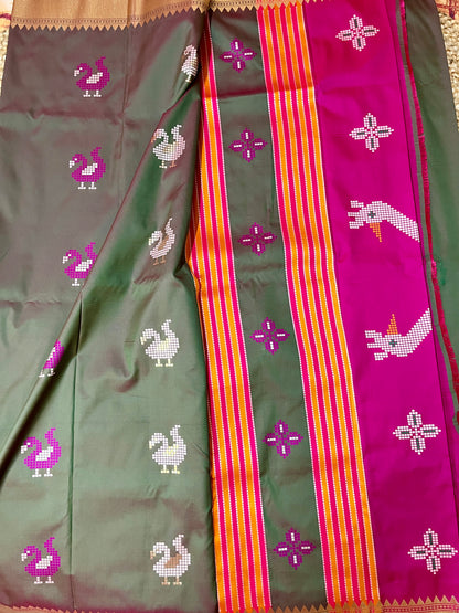 Semi Katan Kalakshetra Silk Saree Peacock Design (Bottle Green)