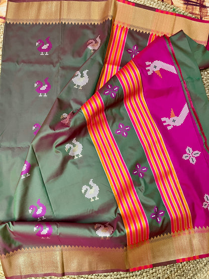 Semi Katan Kalakshetra Silk Saree Peacock Design (Bottle Green)