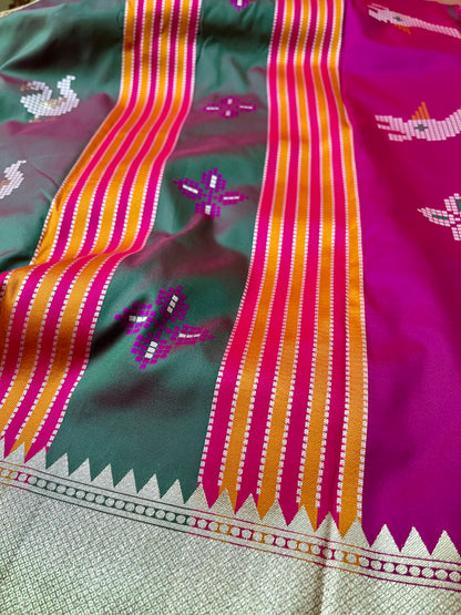 Semi Katan Kalakshetra Silk Saree Peacock Design (Bottle Green)