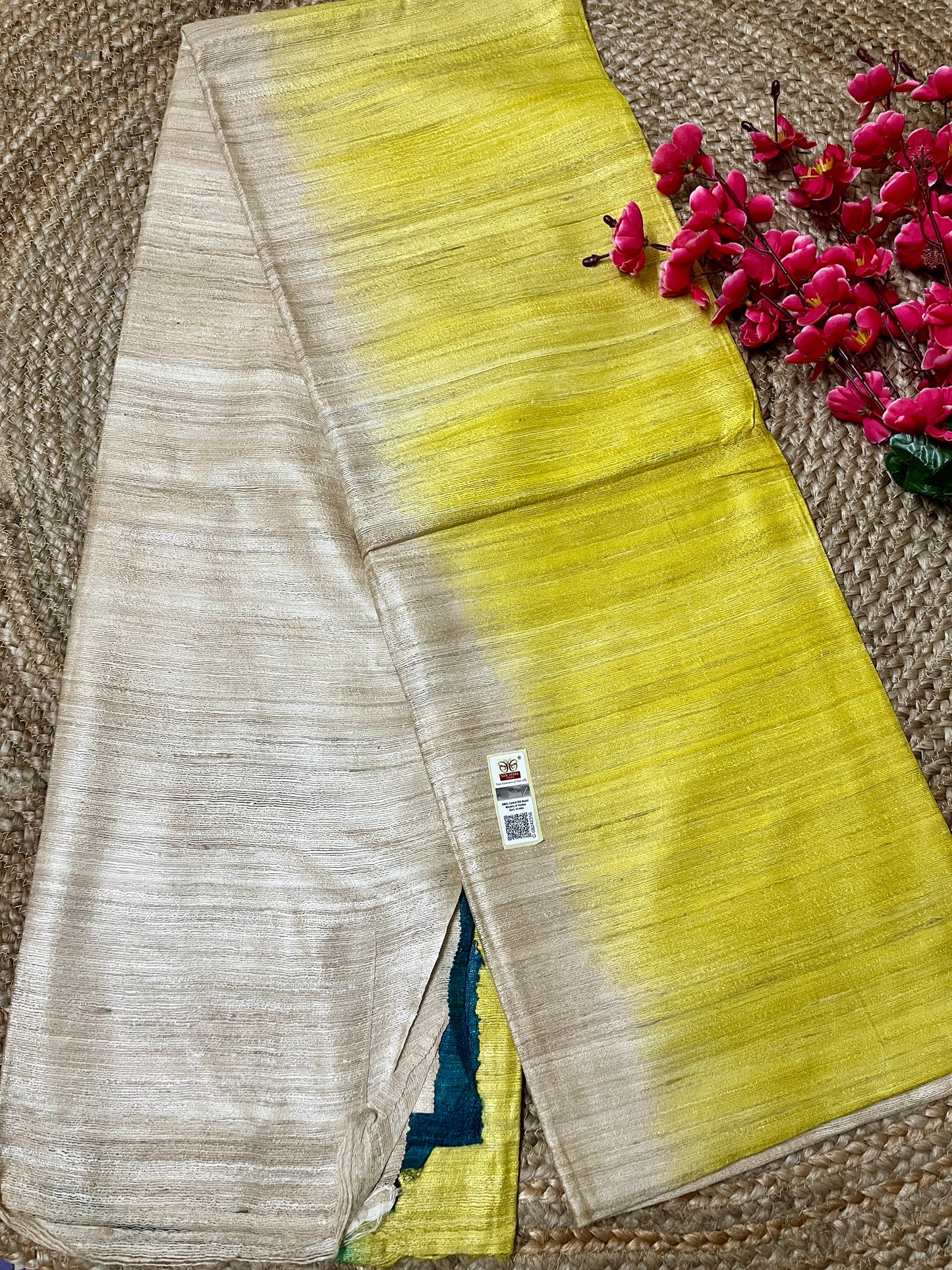 3D Ghicha Silk Saree (Lemon Yellow & Botttle Green) (Certified Silk Mark)