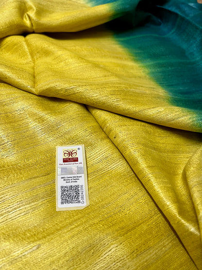 3D Ghicha Silk Saree (Lemon Yellow & Botttle Green) (Certified Silk Mark)