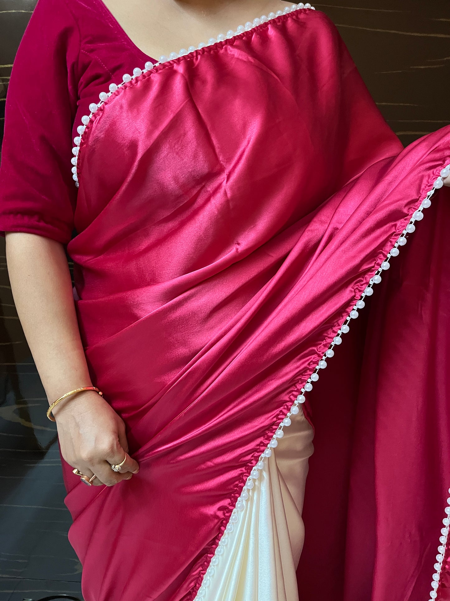 Pearl Satin Silk Saree (Red)