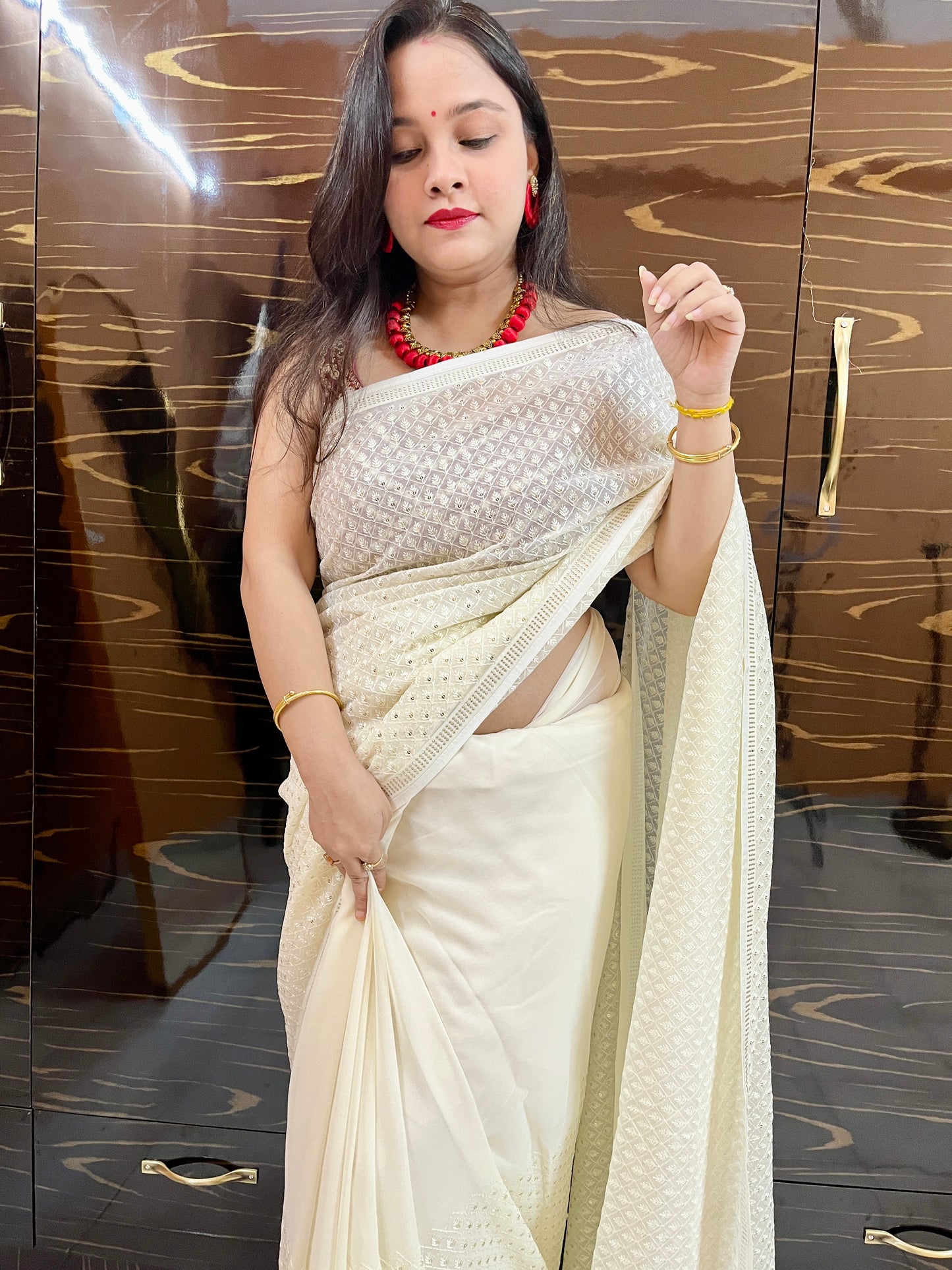 Sequence Georgette Saree (Off White)