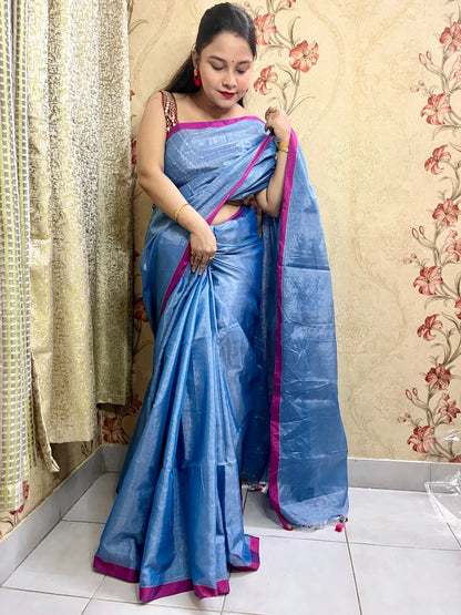 Blue Silver Linen Zari Saree with unstitched blouse piece