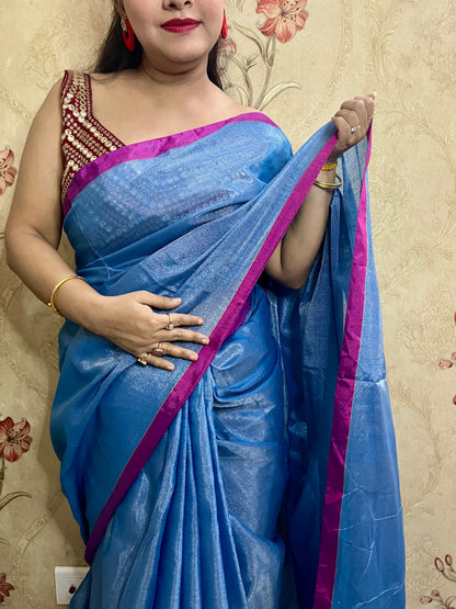 Blue Silver Linen Zari Saree with unstitched blouse piece