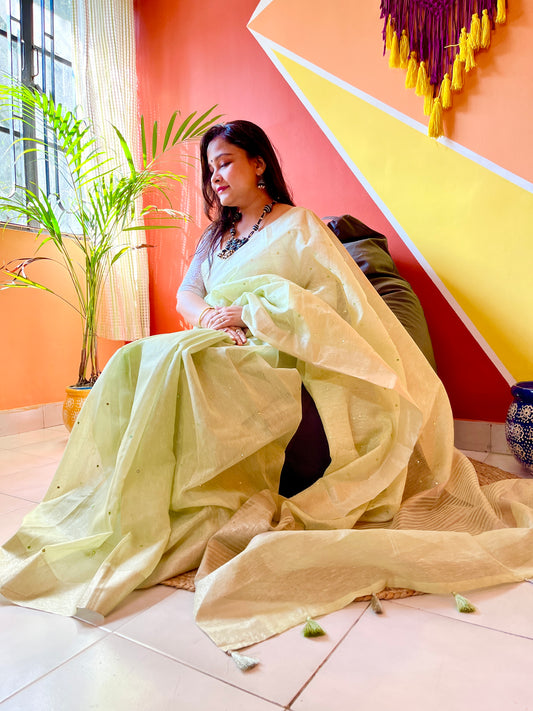 Cotton Tissue Kota Saree with Mirror Embroidery (Pista Green)