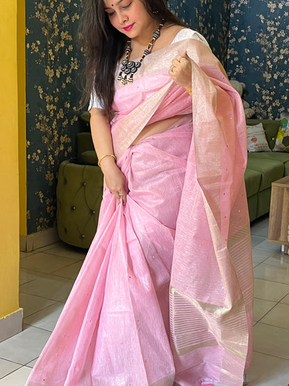 Cotton Tissue Kota Saree with Mirror Embroidery (Baby Pink)