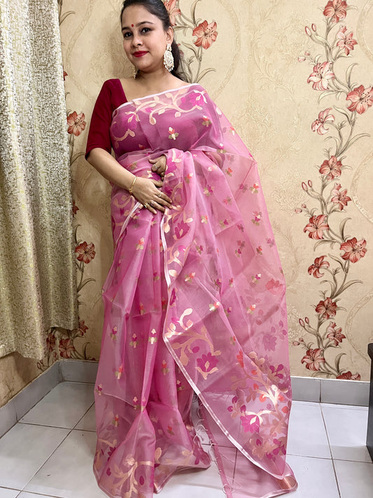 Baby Pink Resham Silk Muslin Handloom Jamdani Saree