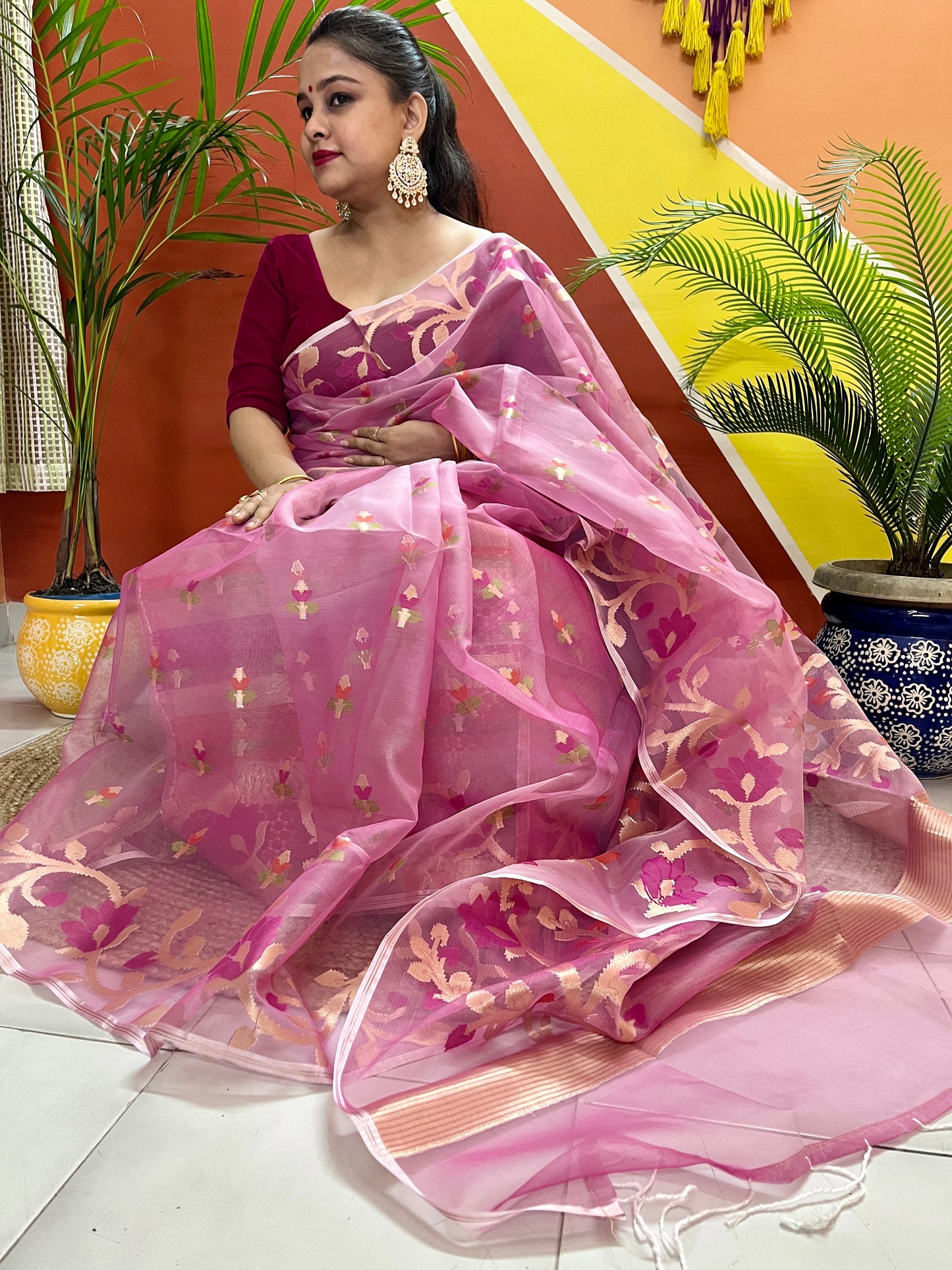 Baby Pink Resham Silk Muslin Handloom Jamdani Saree