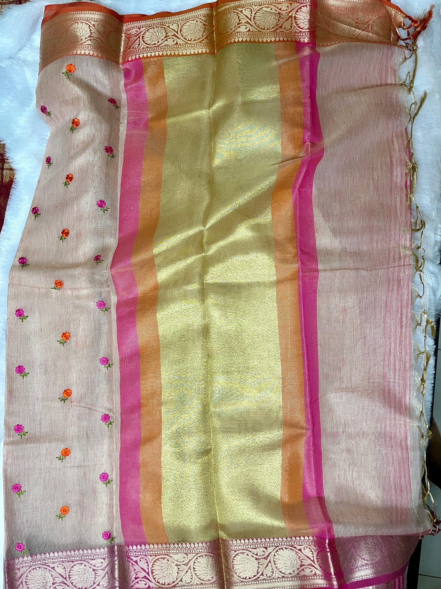 Cotton Tissue Embroidery Saree (Pink)