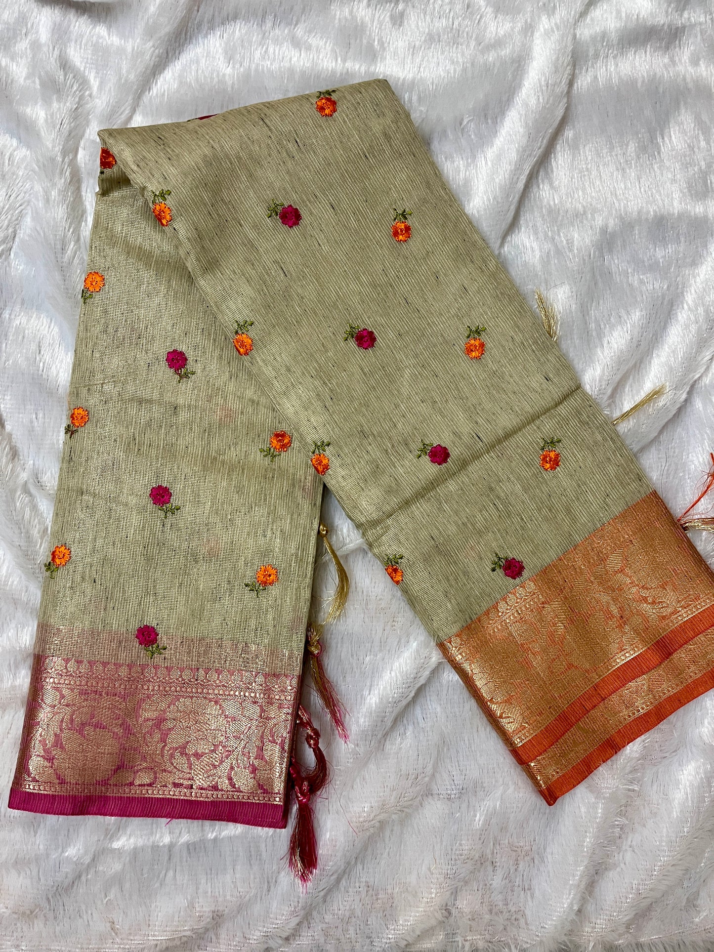 Cotton Tissue Embroidery Saree (Beige)