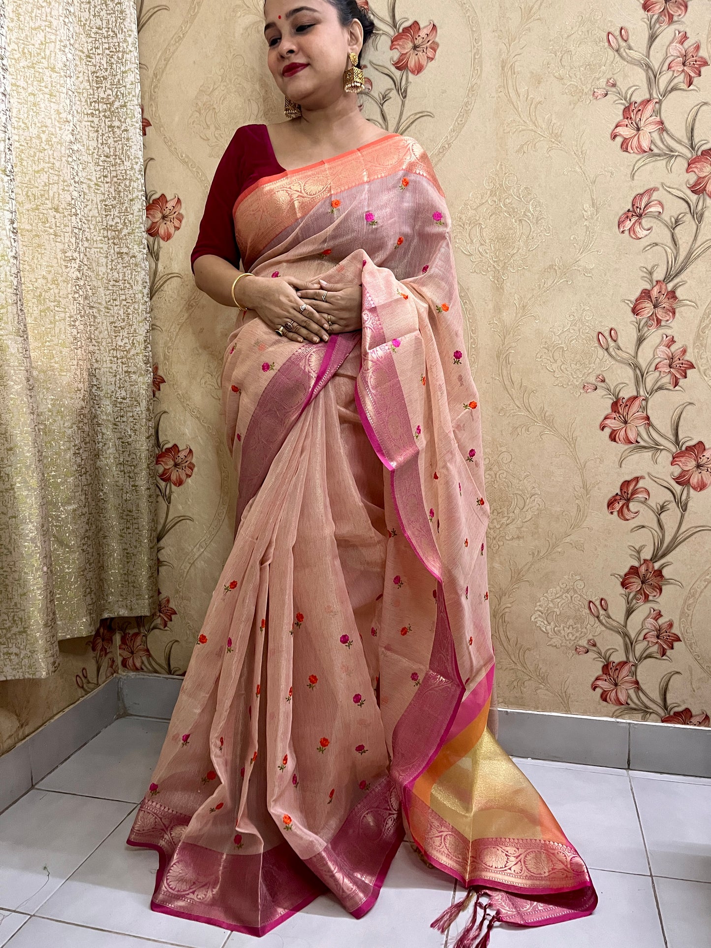 Cotton Tissue Embroidery Saree (Pink)