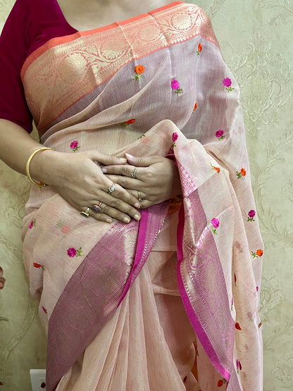 Cotton Tissue Embroidery Saree (Pink)