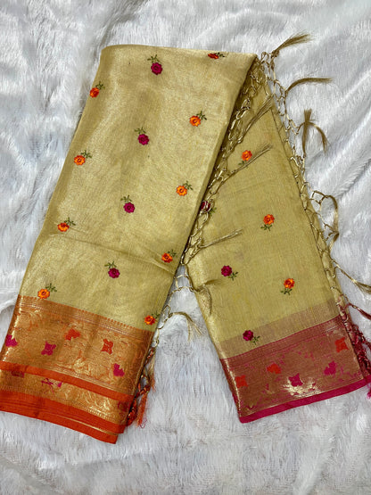 Cotton Tissue Embroidery Saree (Sandal Wood)