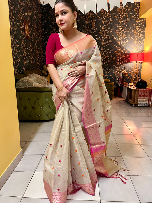 Cotton Tissue Embroidery Saree (Beige)