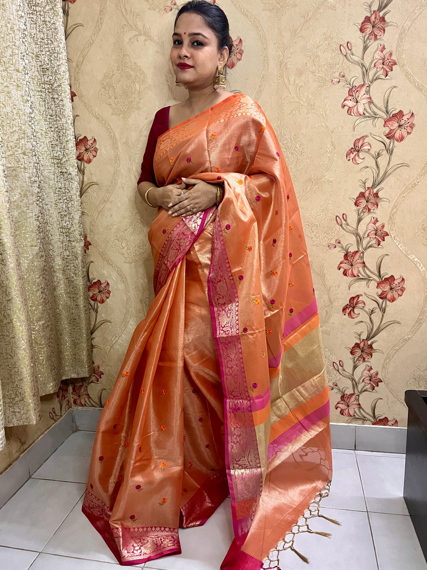 Cotton Tissue Embroidery Saree (Orange)