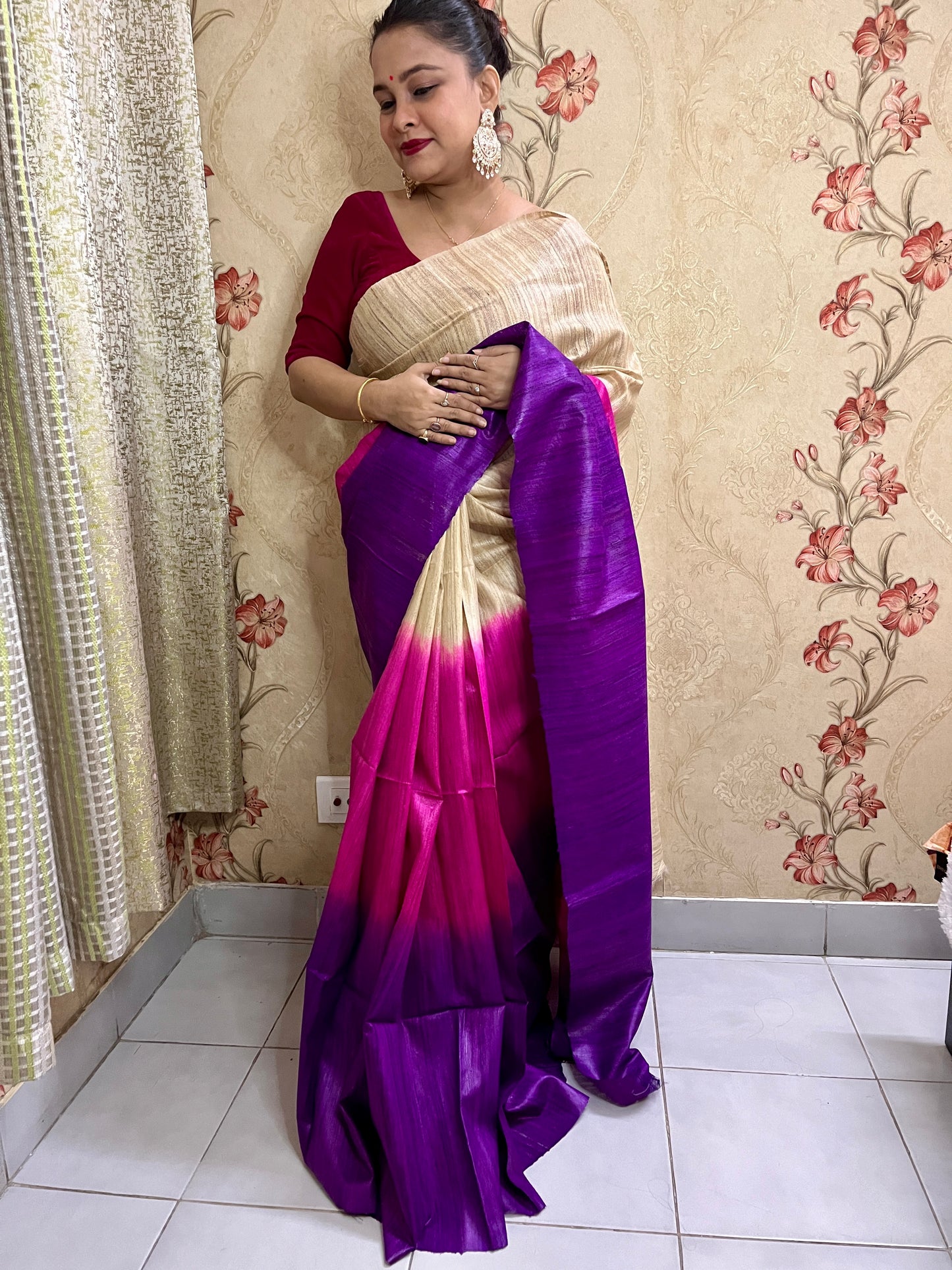 3D Ghicha Silk Saree (Onion & Violet) (Certified Silk Mark)